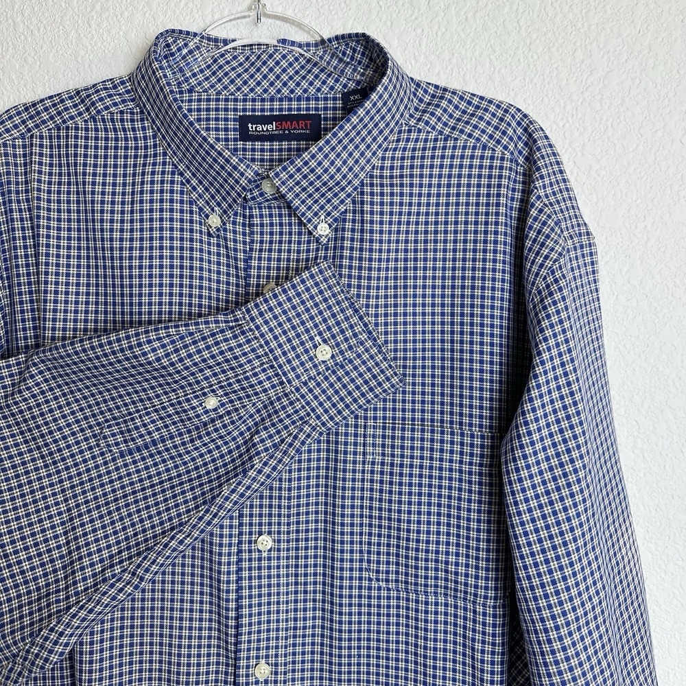Travel Smart Long Sleeve Button Down Shirt Blue Check Men's Size XXL‎ Easy Care